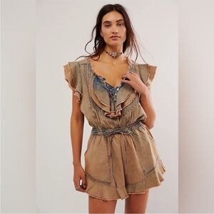 Free People Gray and Orange Ruffle Jumpsuit